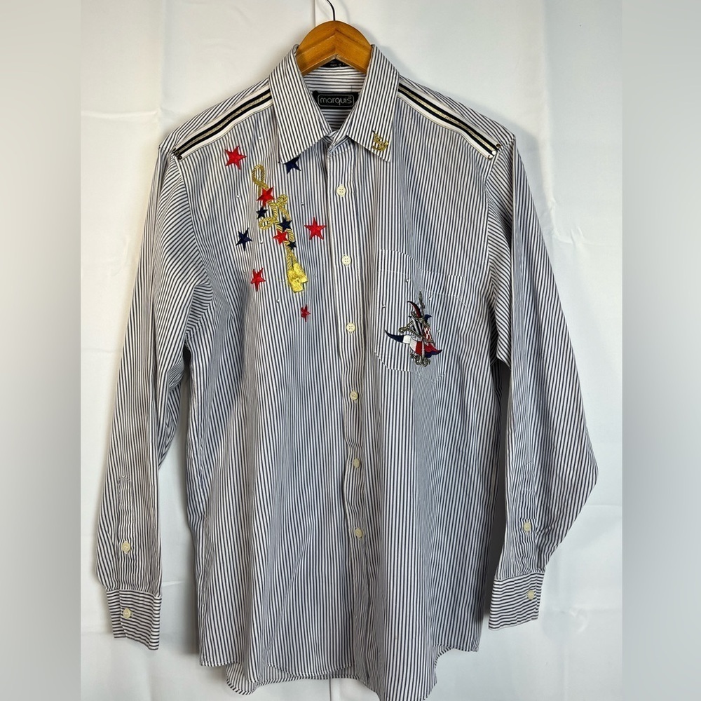Marquis Womens Embroidered Bedazzled Sailor Button Up Shirt Striped Sz M New